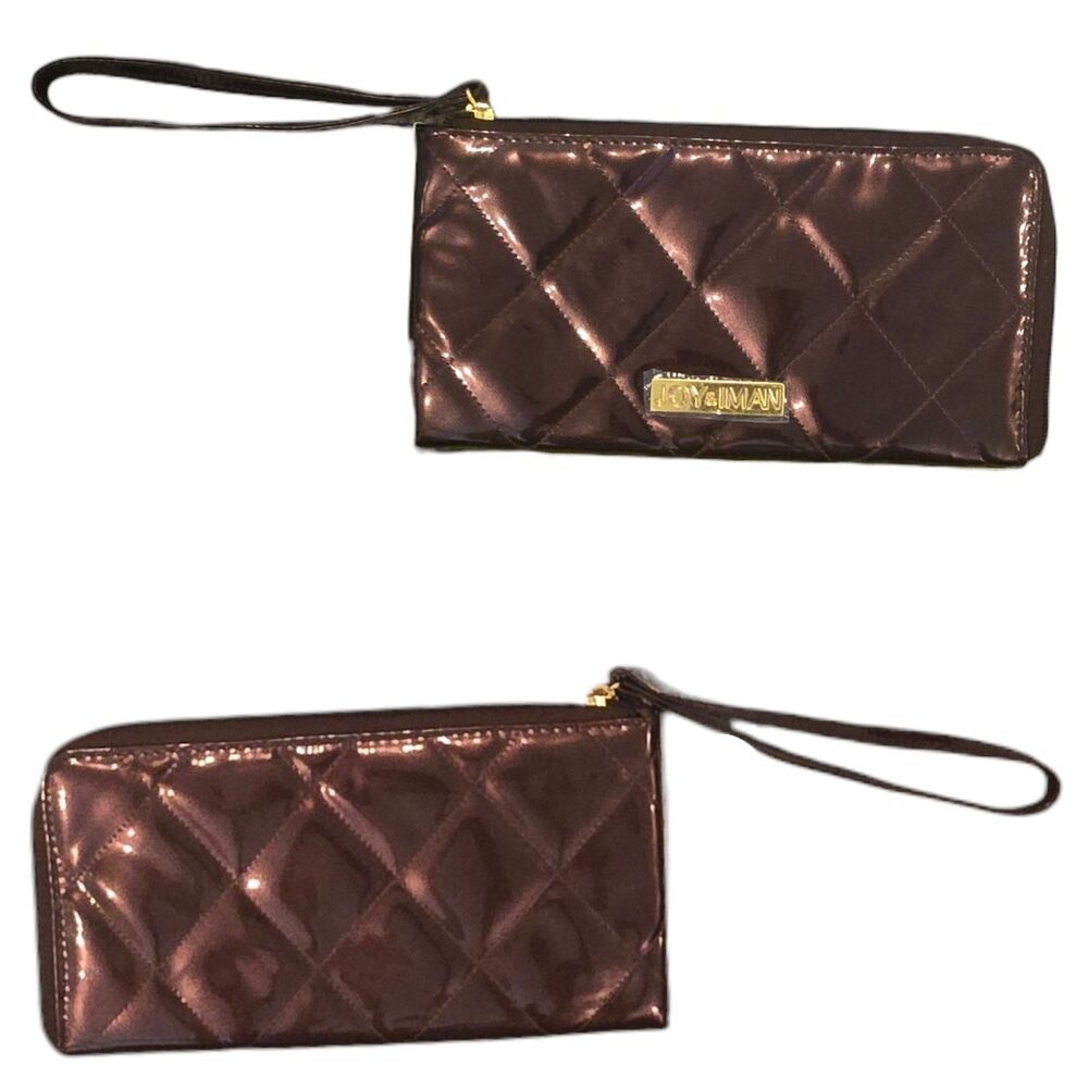 Joy & Iman Quilted Patent Leather Wristlet Chocolate Brown NWOT